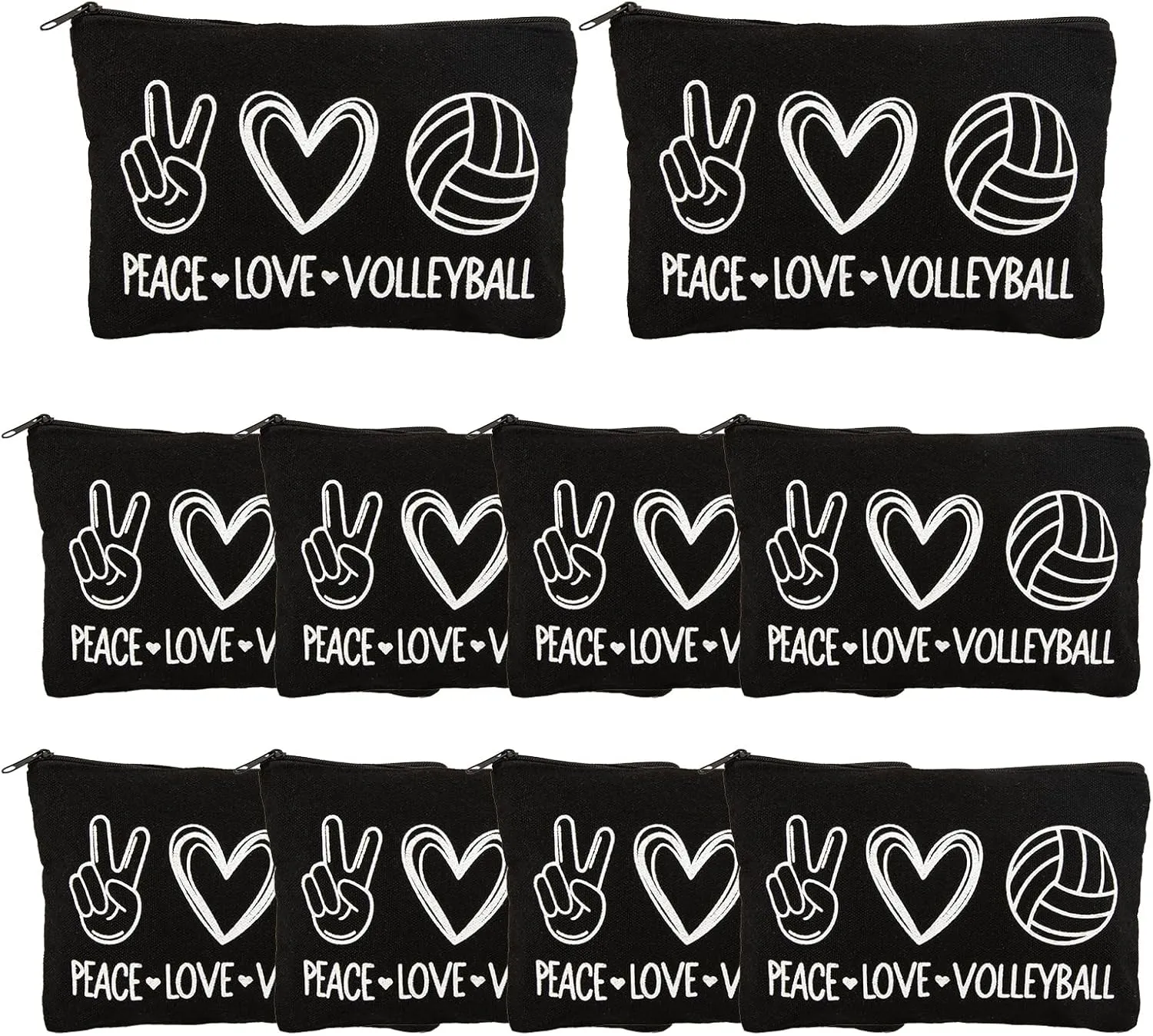 12 Pcs Volleyball Pouch Makeup Bag Love Pattern Volleyball Cosmetic Bag Travel Storage Bags Zippers Portable Storage Case Organizer Toiletry Bag Accessories Gifts for Players Teams Women (Black)
