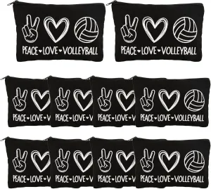 12 Pcs Volleyball Pouch Makeup Bag Love Pattern Volleyball Cosmetic Bag Travel Storage Bags Zippers Portable Storage Case Organizer Toiletry Bag Accessories Gifts for Players Teams Women (Black)