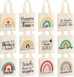 12 Pieces Teacher Appreciation Gifts Reusable Canvas Totes Bag with Pattern Cotton Totes Bag Teach Love Inspire Rainbow Gift Bag for Women School Teacher Gifts