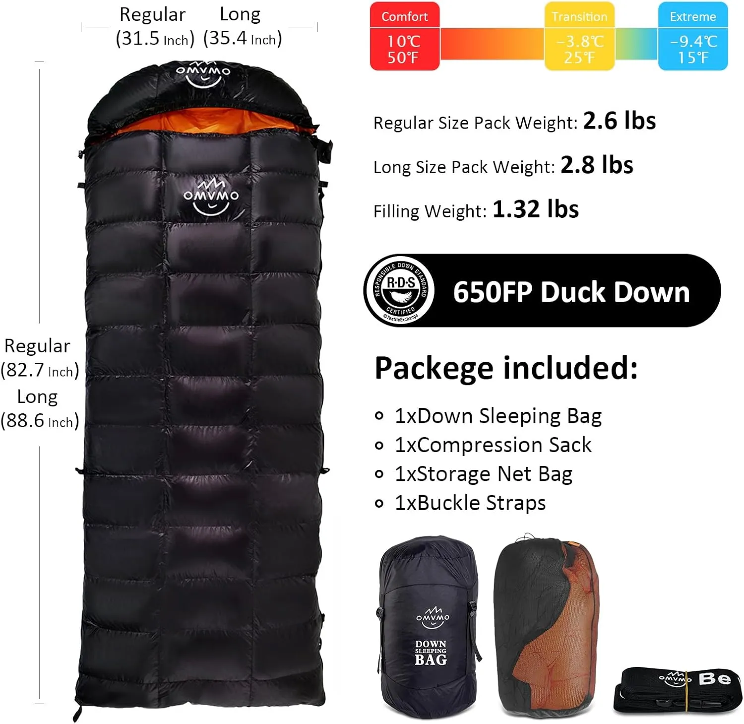 15°F 10°F Duck Down Sleeping Bag for Adults,650 Fill Power,Ultralight Wearable 4 Season Cold Weather Rectangle Sleeping Bag for Camping Hiking,Can be Used as a Down Blanket or Cloak