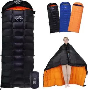 15°F 10°F Duck Down Sleeping Bag for Adults,650 Fill Power,Ultralight Wearable 4 Season Cold Weather Rectangle Sleeping Bag for Camping Hiking,Can be Used as a Down Blanket or Cloak