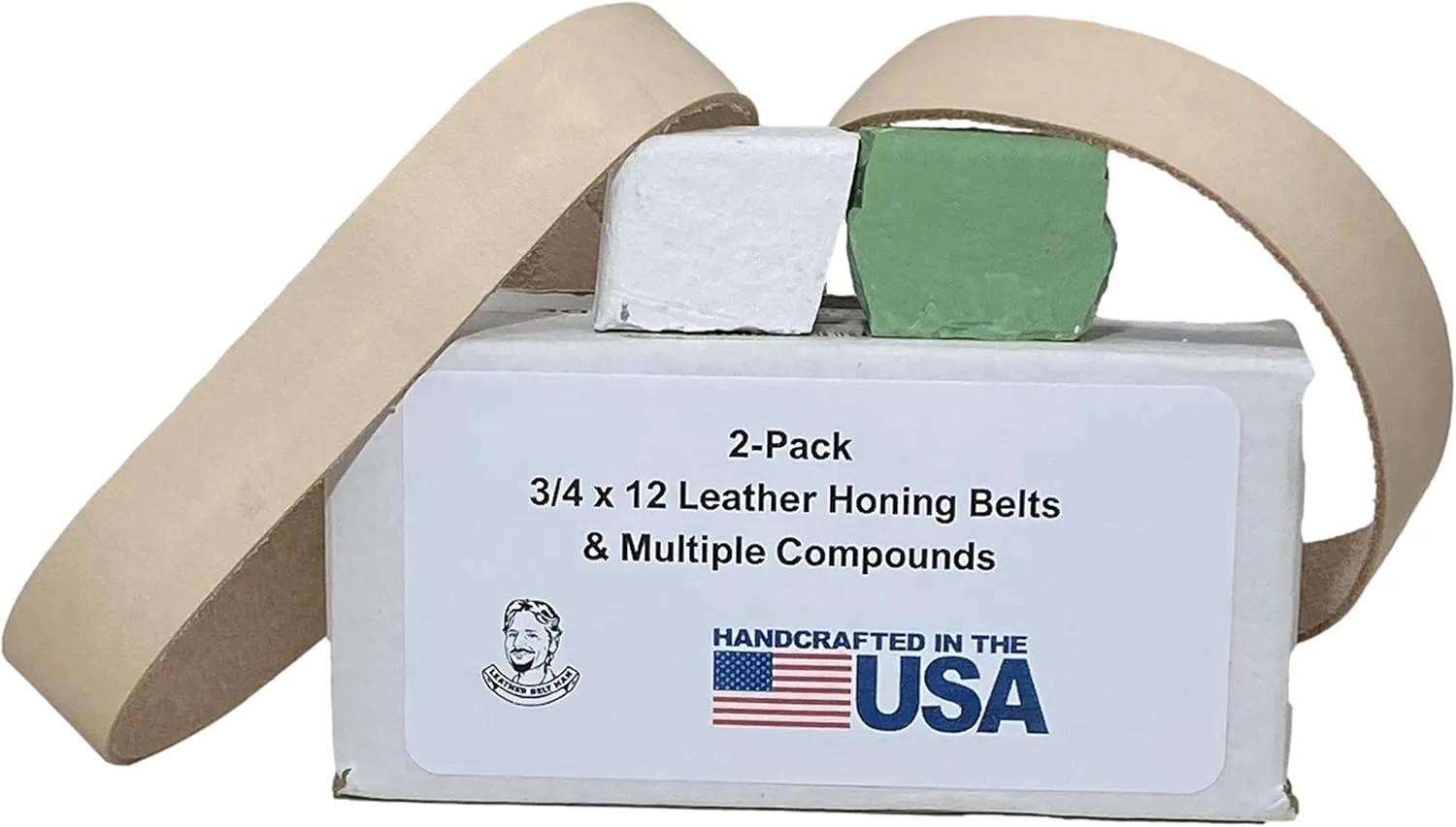 2 Pack of 3/4” x 12” Leather Honing & Polishing Belts. Fits Ken Onion Work Sharp - Includes White and Green Compounds