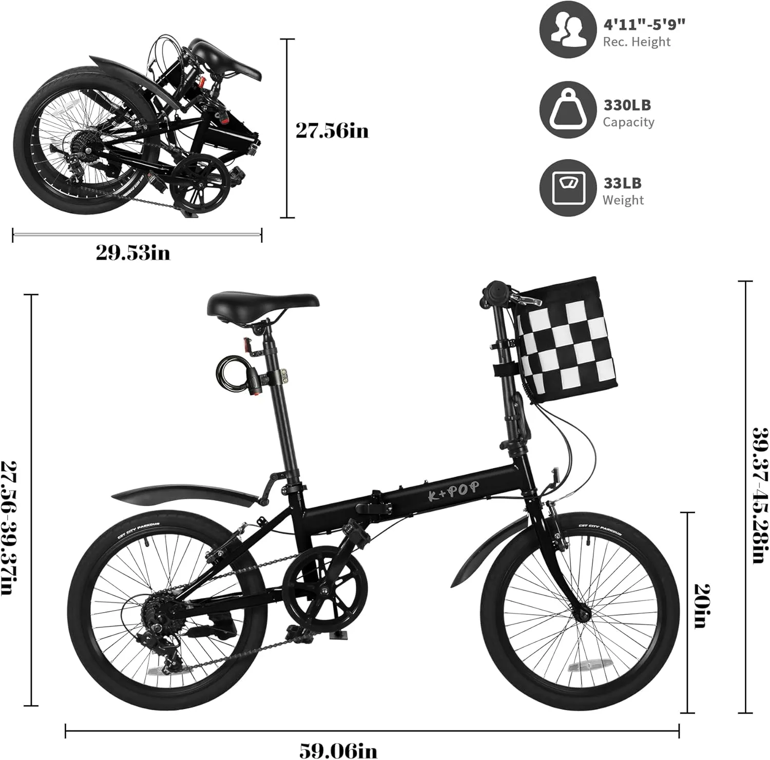 20 Inch Folding Bike for Adults, 7 Speed Foldable Bike with Basket, Lightweight Folding Bicycle with Adjustable Seat & Front and Rear V-Brakes