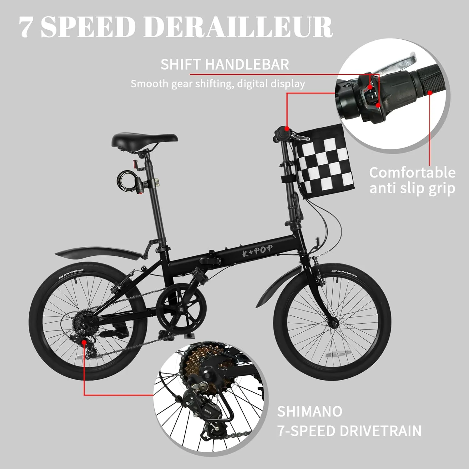 20 Inch Folding Bike for Adults, 7 Speed Foldable Bike with Basket, Lightweight Folding Bicycle with Adjustable Seat & Front and Rear V-Brakes