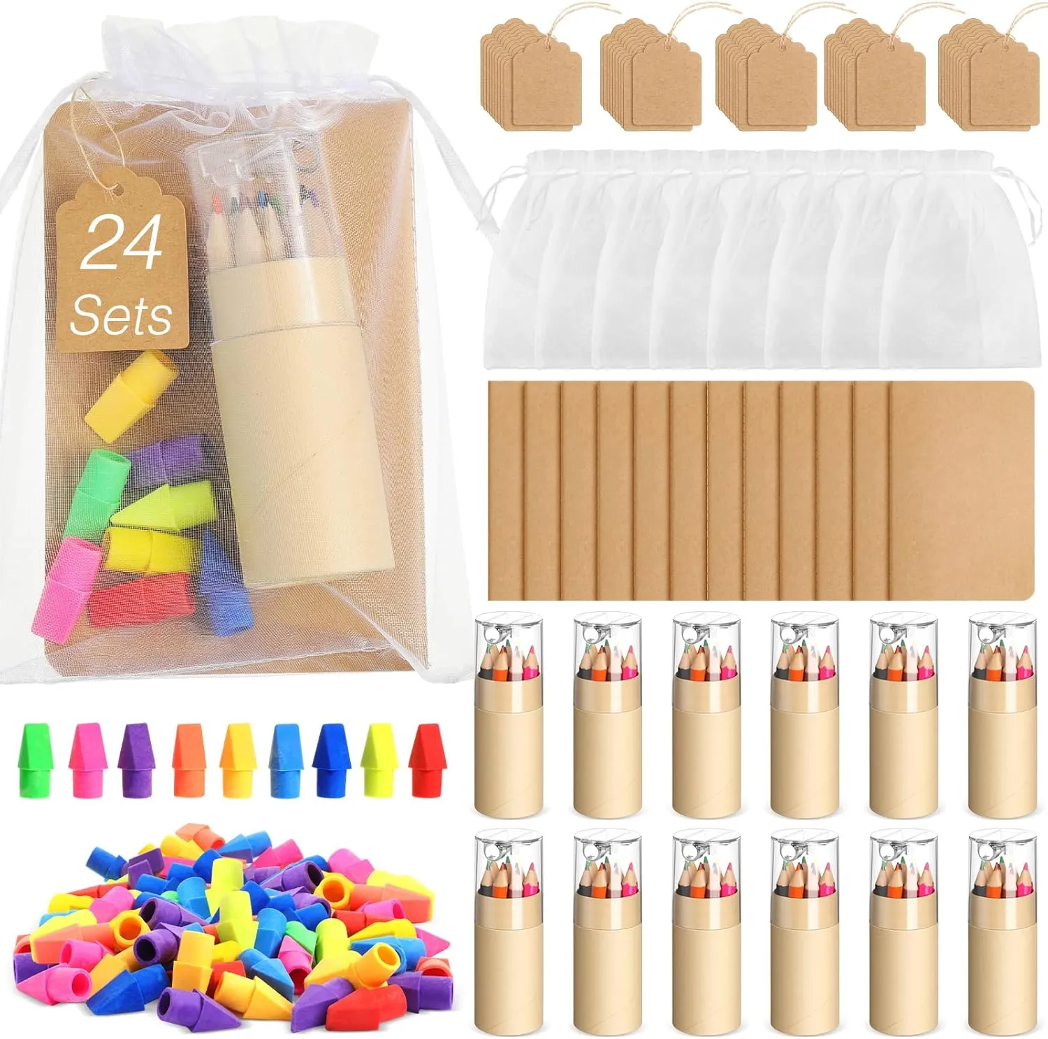 24 Set Mini Colored Pencils with Sharpeners Easter Party Favors Bulk Inspirational Rainbow Pencil Gifts Mini Notebooks Erasers Cards and Clear Gift Bag for Back to School (Wood Color)