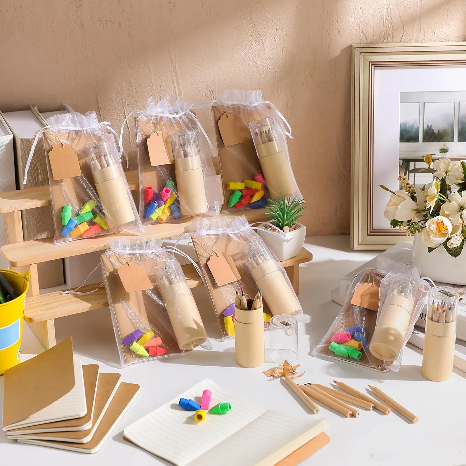 24 Set Mini Colored Pencils with Sharpeners Easter Party Favors Bulk Inspirational Rainbow Pencil Gifts Mini Notebooks Erasers Cards and Clear Gift Bag for Back to School (Wood Color)