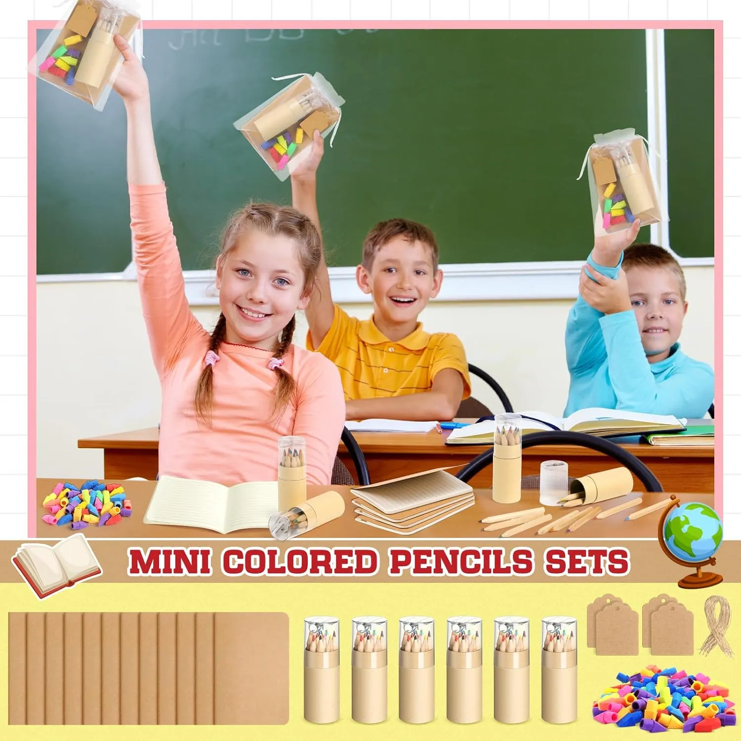 24 Set Mini Colored Pencils with Sharpeners Easter Party Favors Bulk Inspirational Rainbow Pencil Gifts Mini Notebooks Erasers Cards and Clear Gift Bag for Back to School (Wood Color)
