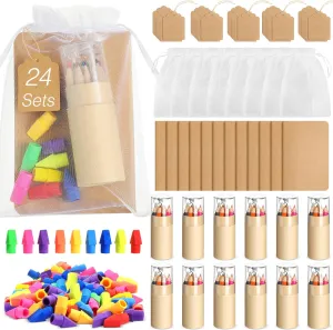 24 Set Mini Colored Pencils with Sharpeners Easter Party Favors Bulk Inspirational Rainbow Pencil Gifts Mini Notebooks Erasers Cards and Clear Gift Bag for Back to School (Wood Color)