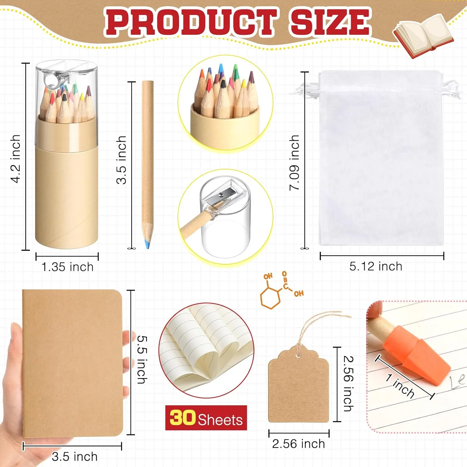 24 Set Mini Colored Pencils with Sharpeners Easter Party Favors Bulk Inspirational Rainbow Pencil Gifts Mini Notebooks Erasers Cards and Clear Gift Bag for Back to School (Wood Color)