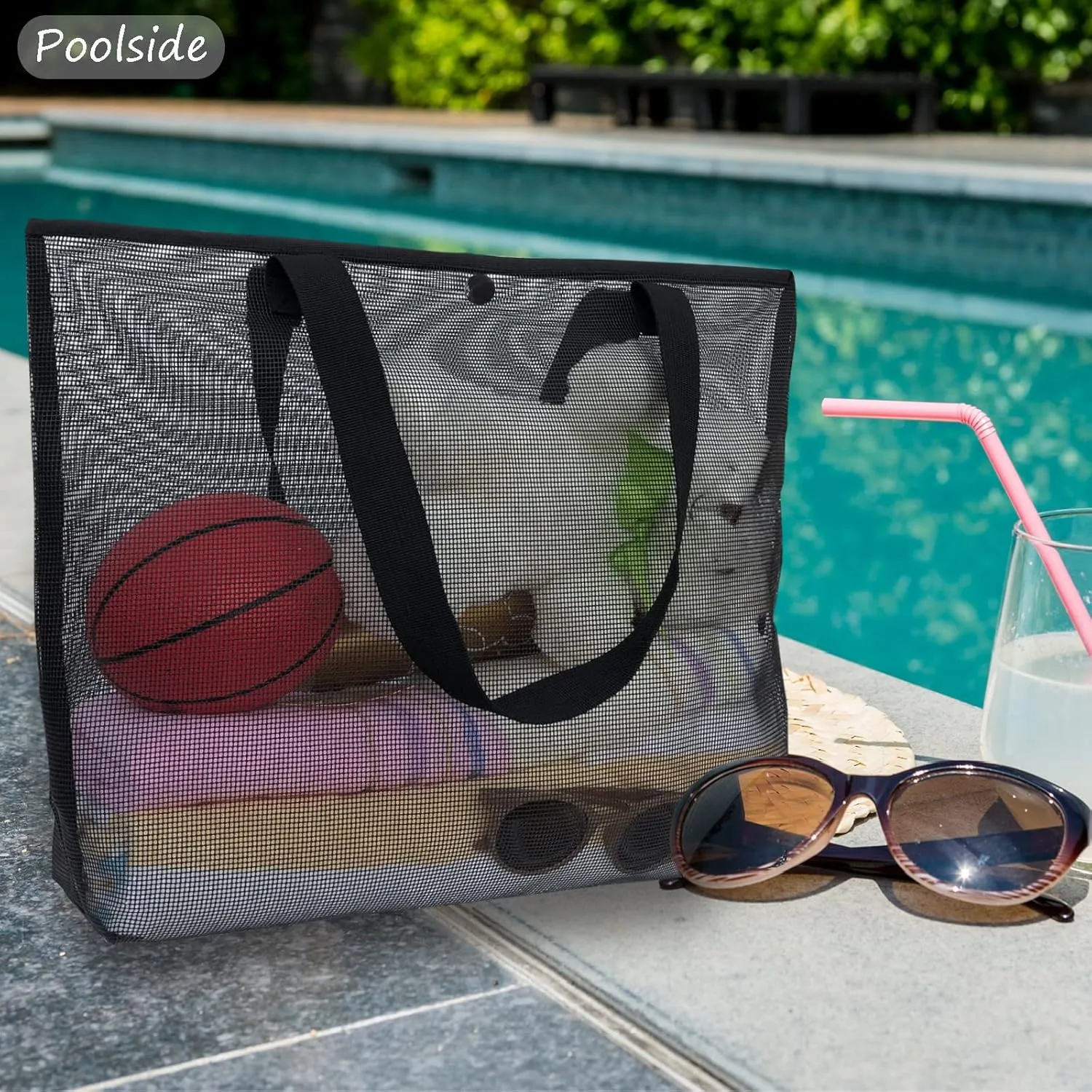 2Pack Large lightweight Simple Mesh Beach Tote Bag With snap Button Reusable Pool Bag for Outdoor Travel Shopping Gym