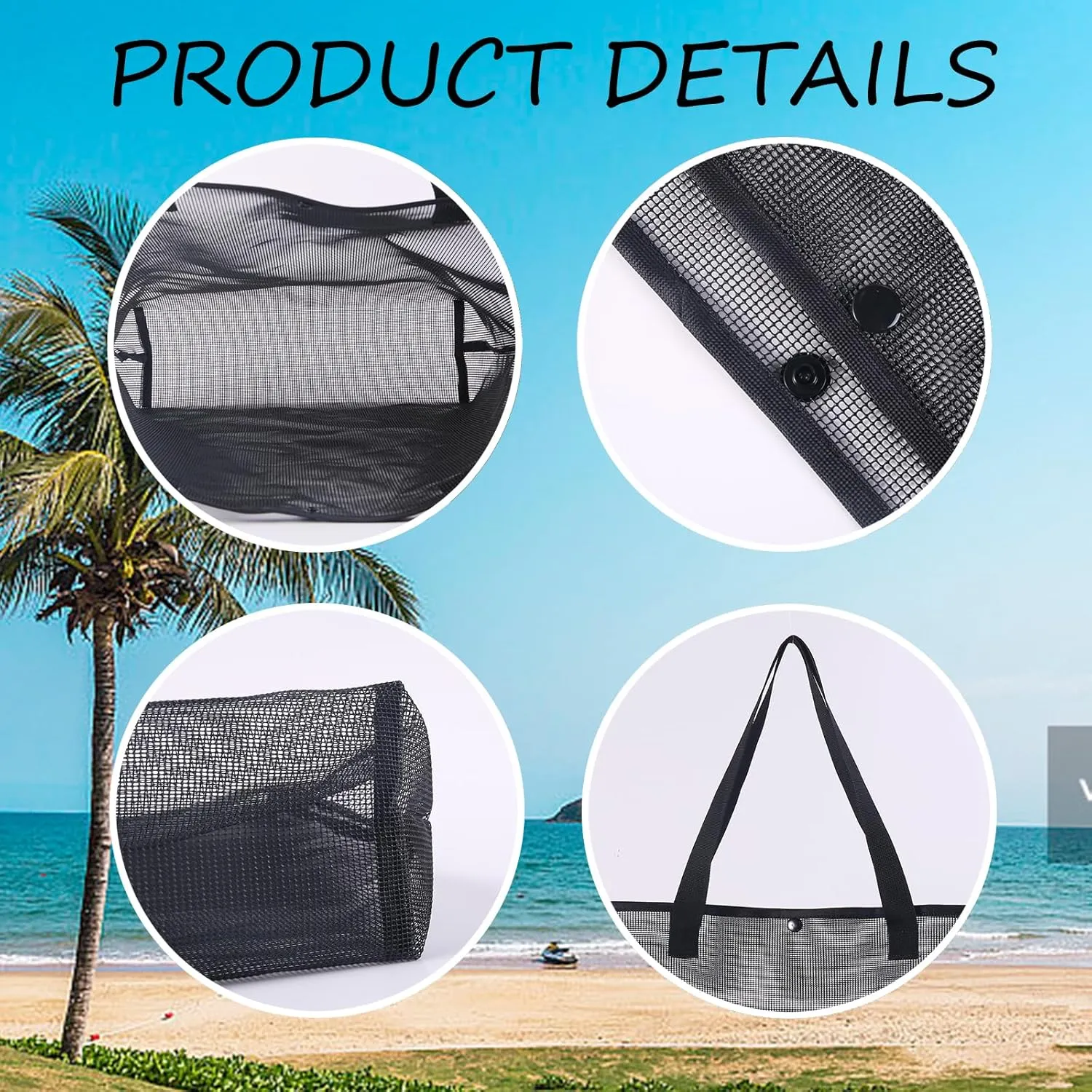 2Pack Large lightweight Simple Mesh Beach Tote Bag With snap Button Reusable Pool Bag for Outdoor Travel Shopping Gym