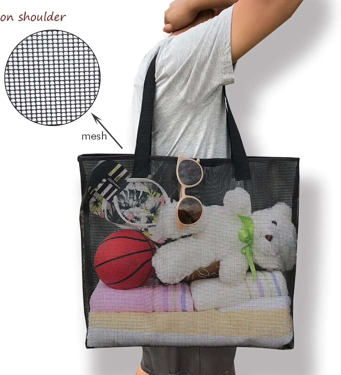 2Pack Large lightweight Simple Mesh Beach Tote Bag With snap Button Reusable Pool Bag for Outdoor Travel Shopping Gym