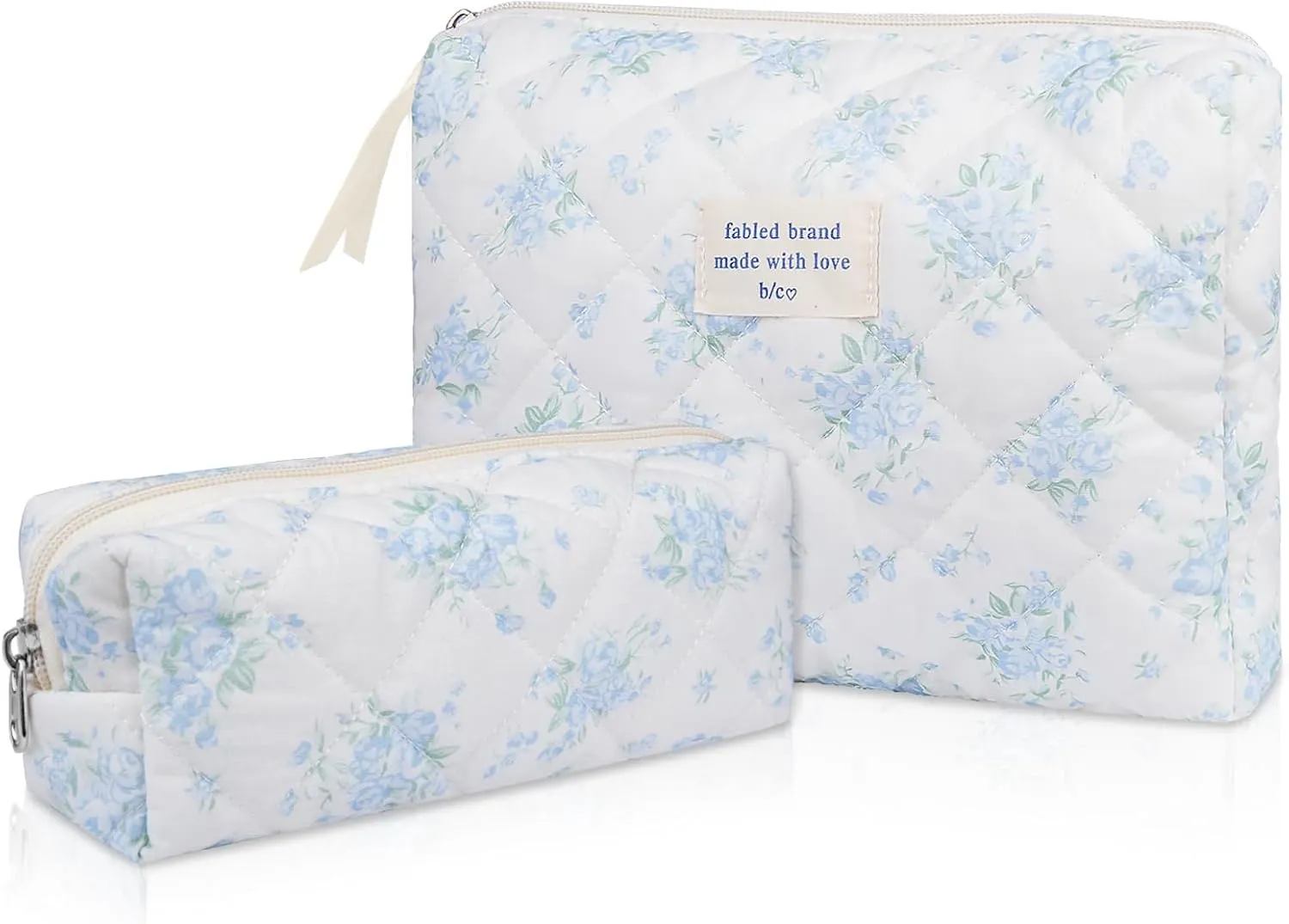 2PC Makeup Bag Set, Cute Cosmetic Bag for Women Girls, Floral Coquette Aesthetic Toiletry Bag, Travel Make Up Organizer Bag (Blue Rose)