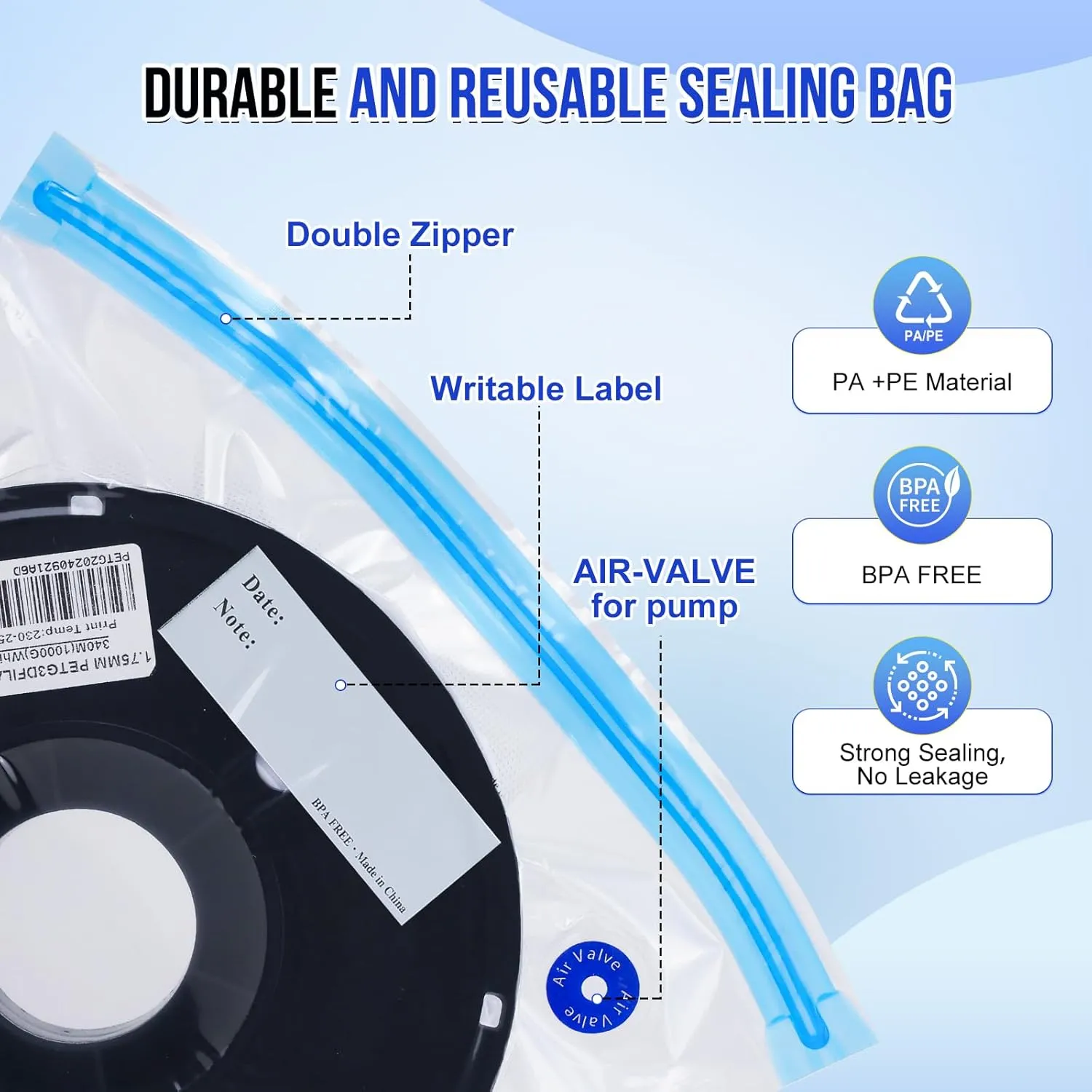 30 PCS Filament Storage Bags with Electric Auto Pump Kit-Includes 30 Vacuum Storage Bags, 30 Desiccants, 5 Sealed Clips, Perfect for Keep Filament Dry (13.4x11.8 inch)