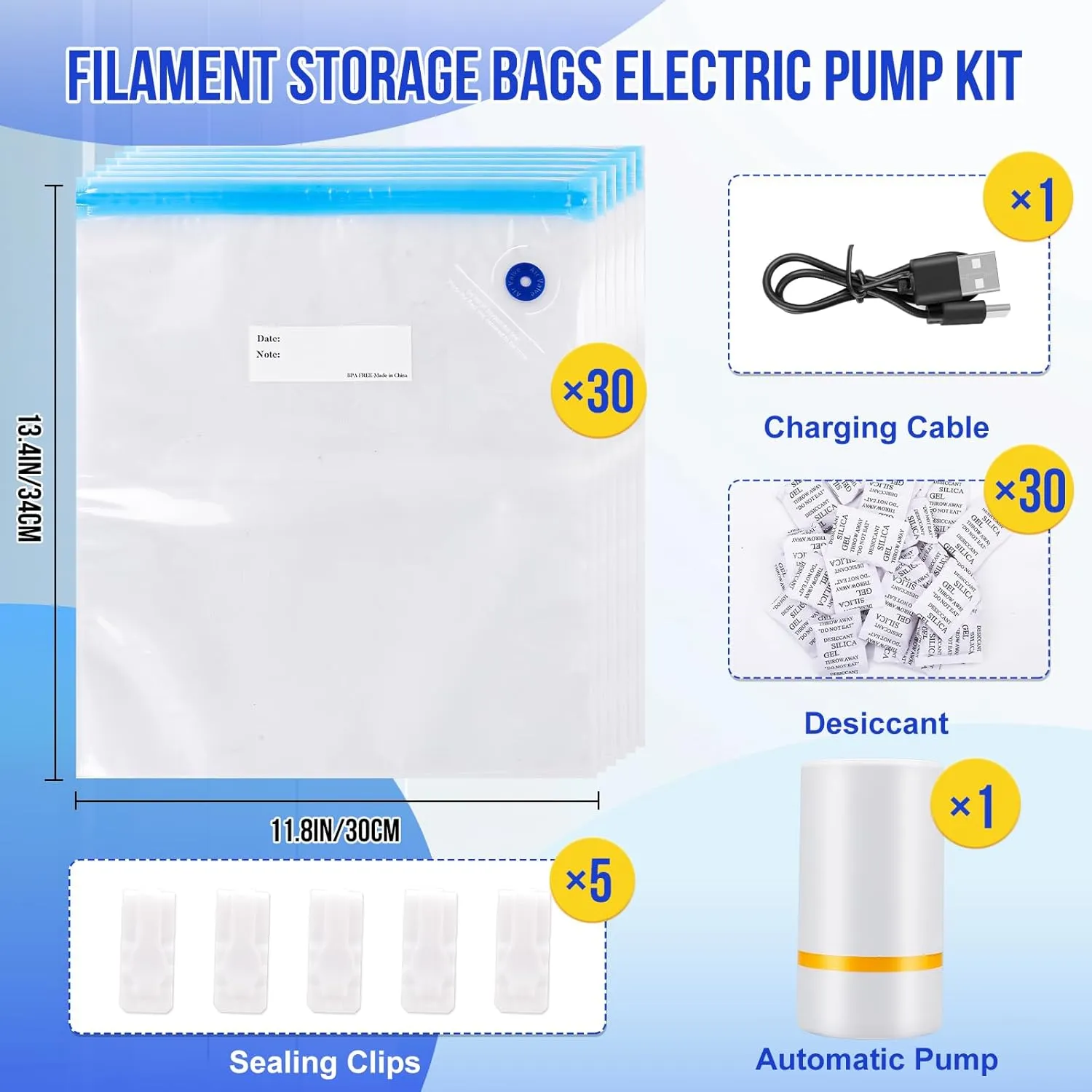 30 PCS Filament Storage Bags with Electric Auto Pump Kit-Includes 30 Vacuum Storage Bags, 30 Desiccants, 5 Sealed Clips, Perfect for Keep Filament Dry (13.4x11.8 inch)