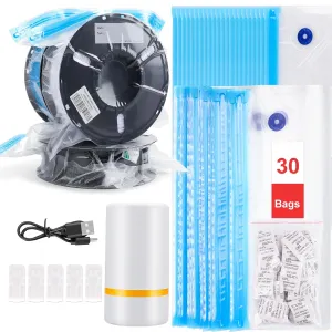 30 PCS Filament Storage Bags with Electric Auto Pump Kit-Includes 30 Vacuum Storage Bags, 30 Desiccants, 5 Sealed Clips, Perfect for Keep Filament Dry (13.4x11.8 inch)
