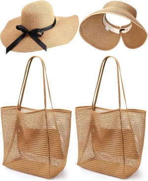 4 Pcs Beach Vacation Essentials 2 Pack Beach Mesh Tote Bag 2 Pack Sun Hat for Women Foldable Packable Floppy Wide Brim Sun Straw Hat UV Protection for Travel Pool Family Cruise Essentials