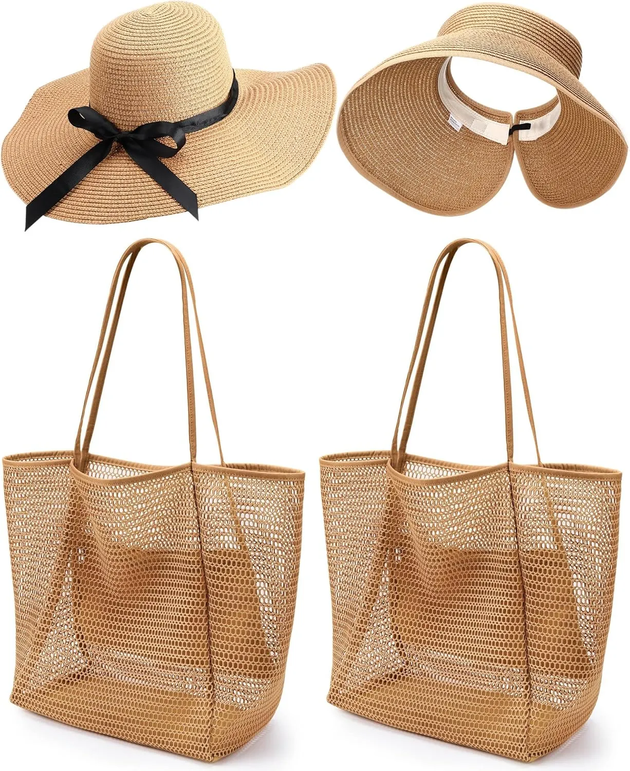4 Pcs Beach Vacation Essentials 2 Pack Beach Mesh Tote Bag 2 Pack Sun Hat for Women Foldable Packable Floppy Wide Brim Sun Straw Hat UV Protection for Travel Pool Family Cruise Essentials