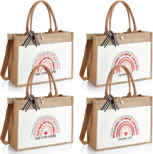 4 Pcs Teacher Appreciation Gifts Rainbow Teacher Tote Bag, Inspirational Quotes Canvas Teacher Bag Thank You Teacher Burlap Totes Bag with Zipper Teachers Day Gifts for Women Teacher Coworker