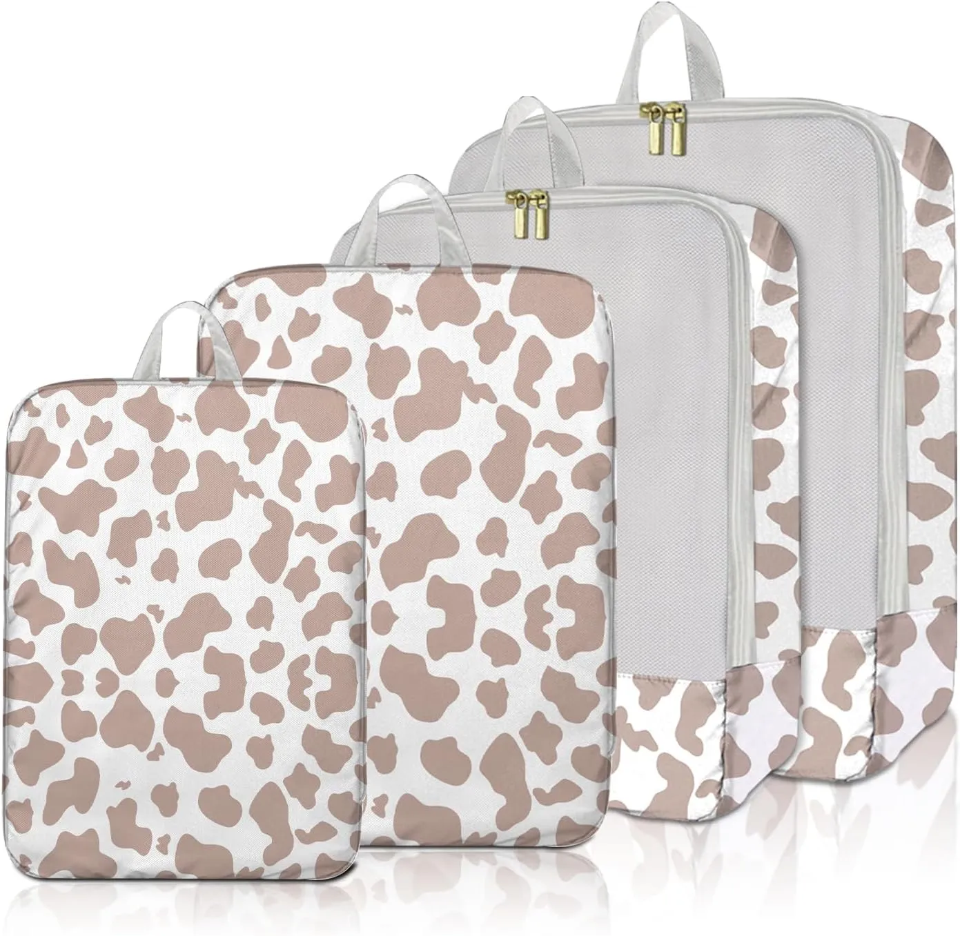 4 Set Packing Cubes Travel Luggage Organizers Compression cubes for Suitcase Travel Accessories for Women Girls Aesthetic Cute-Brown Cow Pattern
