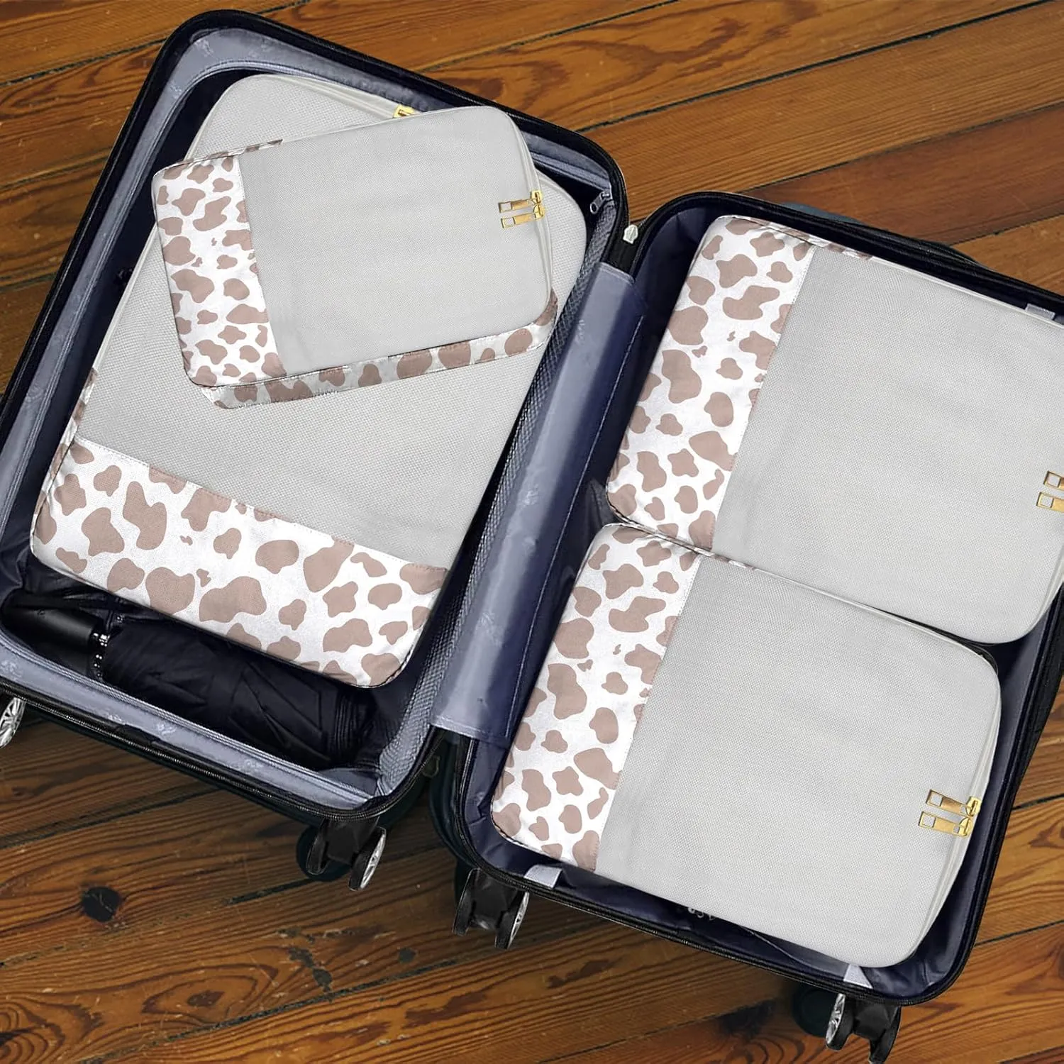 4 Set Packing Cubes Travel Luggage Organizers Compression cubes for Suitcase Travel Accessories for Women Girls Aesthetic Cute-Brown Cow Pattern