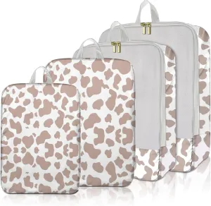 4 Set Packing Cubes Travel Luggage Organizers Compression cubes for Suitcase Travel Accessories for Women Girls Aesthetic Cute-Brown Cow Pattern