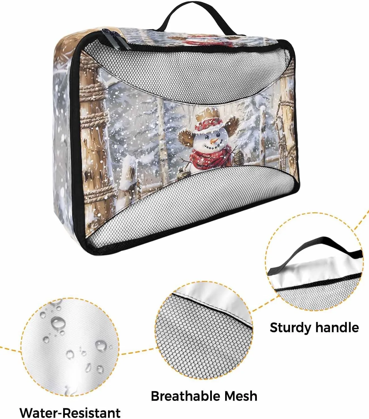 4 Set Packing Cubes, Winter Xmas Western Cowboy Snowman Brown Christmas Tree Snow Scenery Pastoral Packing Cubes for Carry on Suitcase Travel Essential Bag for Clothes Shoes Cosmetics Toiletry