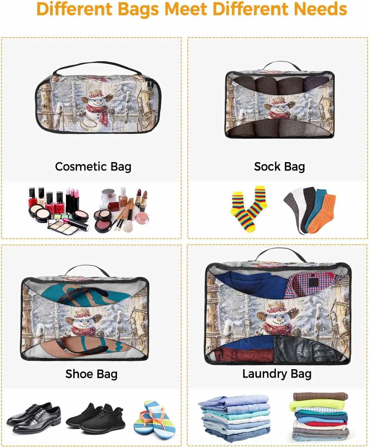 4 Set Packing Cubes, Winter Xmas Western Cowboy Snowman Brown Christmas Tree Snow Scenery Pastoral Packing Cubes for Carry on Suitcase Travel Essential Bag for Clothes Shoes Cosmetics Toiletry