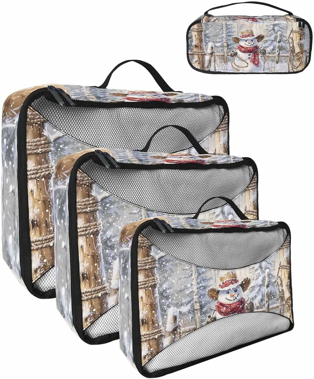 4 Set Packing Cubes, Winter Xmas Western Cowboy Snowman Brown Christmas Tree Snow Scenery Pastoral Packing Cubes for Carry on Suitcase Travel Essential Bag for Clothes Shoes Cosmetics Toiletry