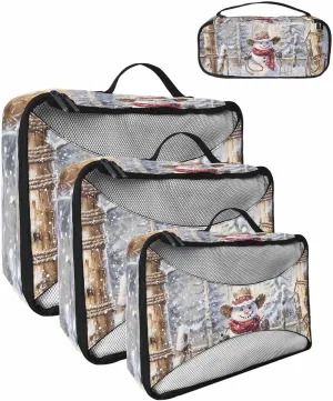 4 Set Packing Cubes, Winter Xmas Western Cowboy Snowman Brown Christmas Tree Snow Scenery Pastoral Packing Cubes for Carry on Suitcase Travel Essential Bag for Clothes Shoes Cosmetics Toiletry