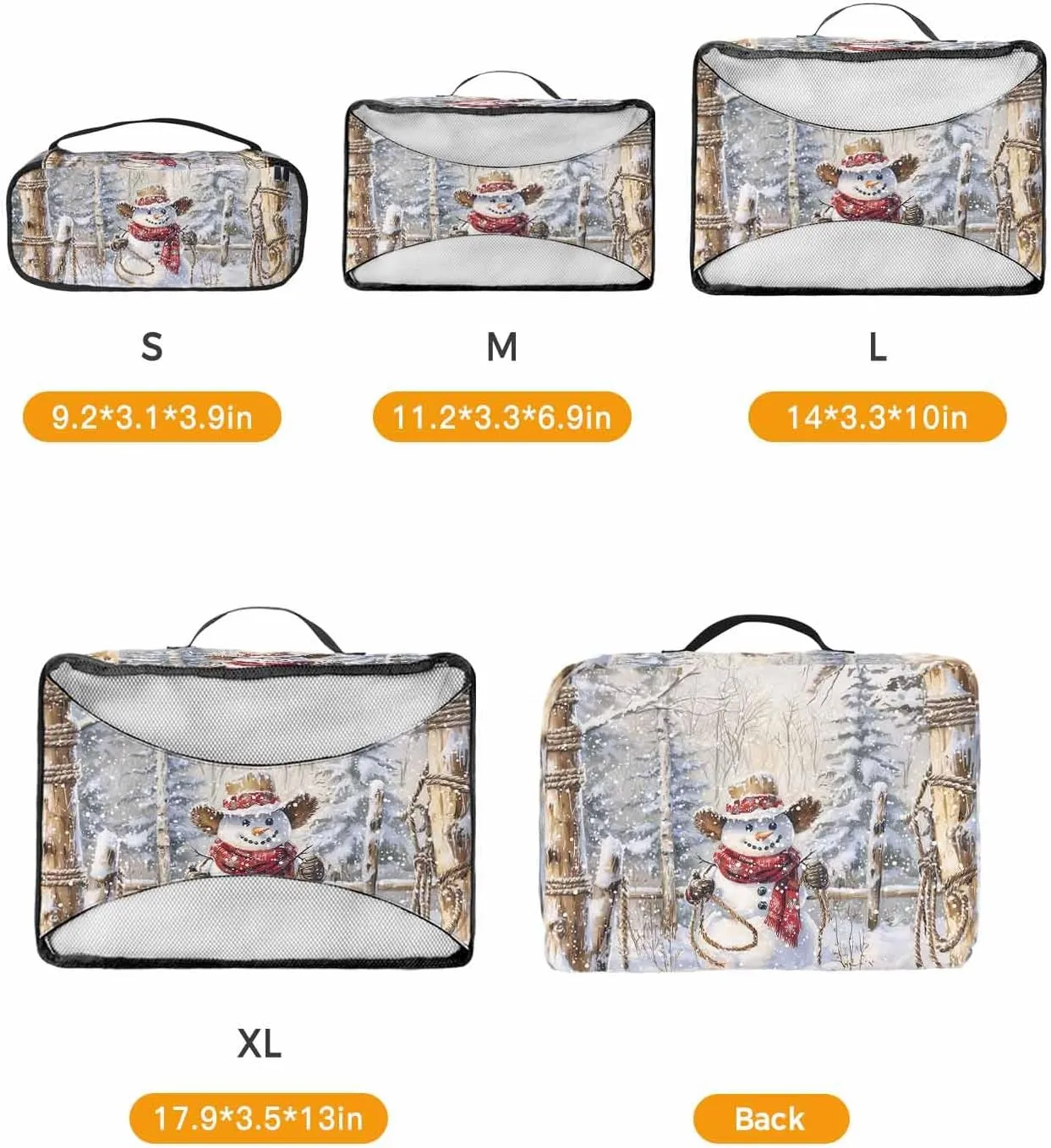 4 Set Packing Cubes, Winter Xmas Western Cowboy Snowman Brown Christmas Tree Snow Scenery Pastoral Packing Cubes for Carry on Suitcase Travel Essential Bag for Clothes Shoes Cosmetics Toiletry