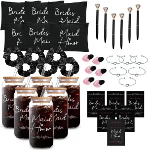 42 pcs Bridesmaid gifts bridesmaid proposal gifts, Maid of Honor Gifts contain 16oz Glass Cups Cosmetic Makeup Bags Invited Cards Scrunchies Hair Knotted Bracelets Diamond Pens love clip (Black )
