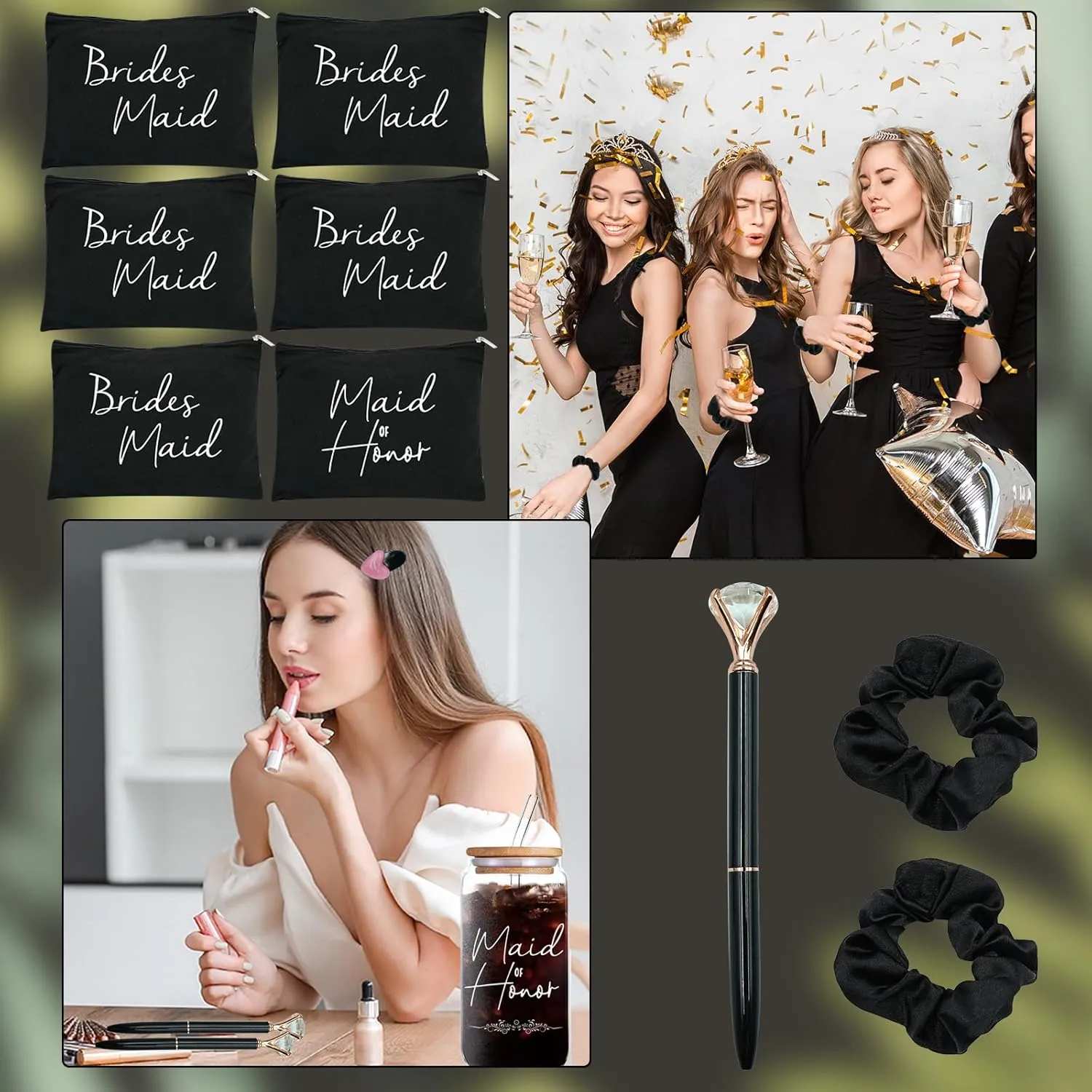 42 pcs Bridesmaid gifts bridesmaid proposal gifts, Maid of Honor Gifts contain 16oz Glass Cups Cosmetic Makeup Bags Invited Cards Scrunchies Hair Knotted Bracelets Diamond Pens love clip (Black )