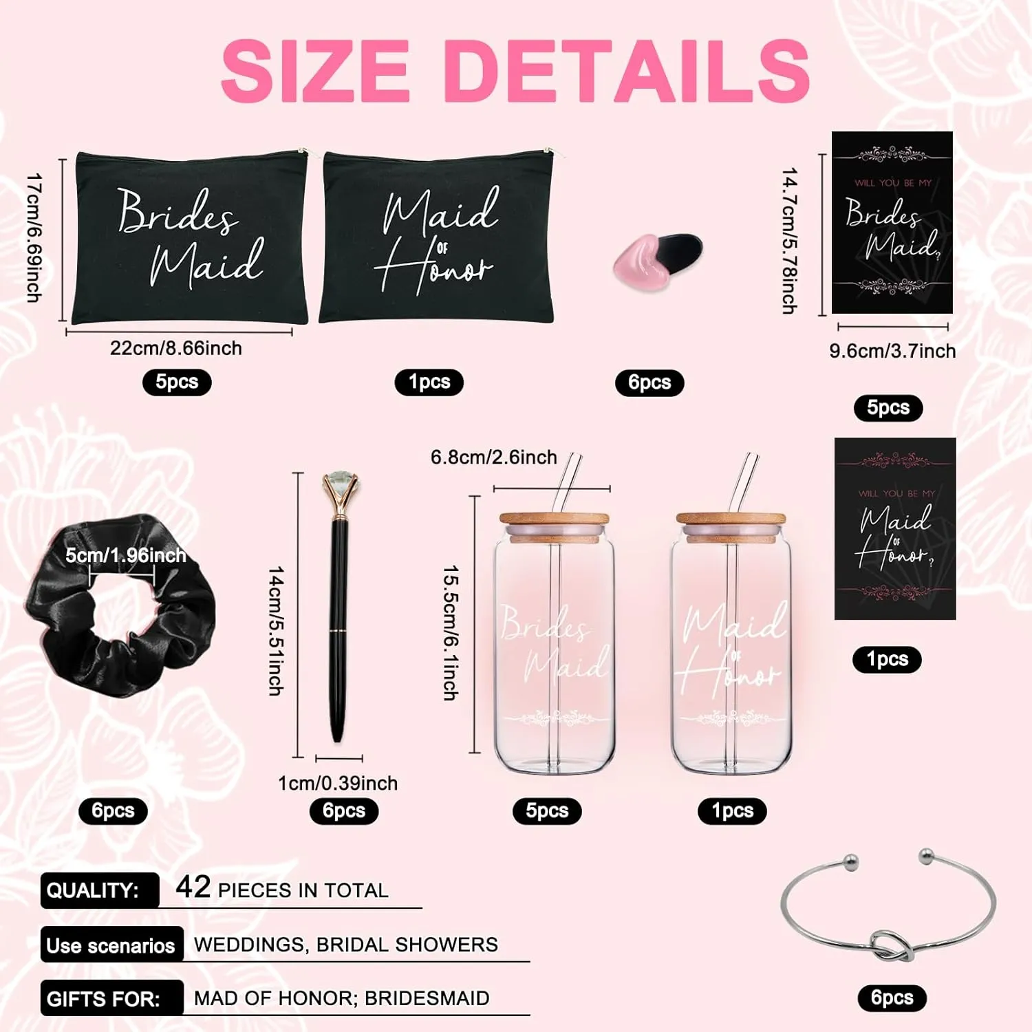 42 pcs Bridesmaid gifts bridesmaid proposal gifts, Maid of Honor Gifts contain 16oz Glass Cups Cosmetic Makeup Bags Invited Cards Scrunchies Hair Knotted Bracelets Diamond Pens love clip (Black )