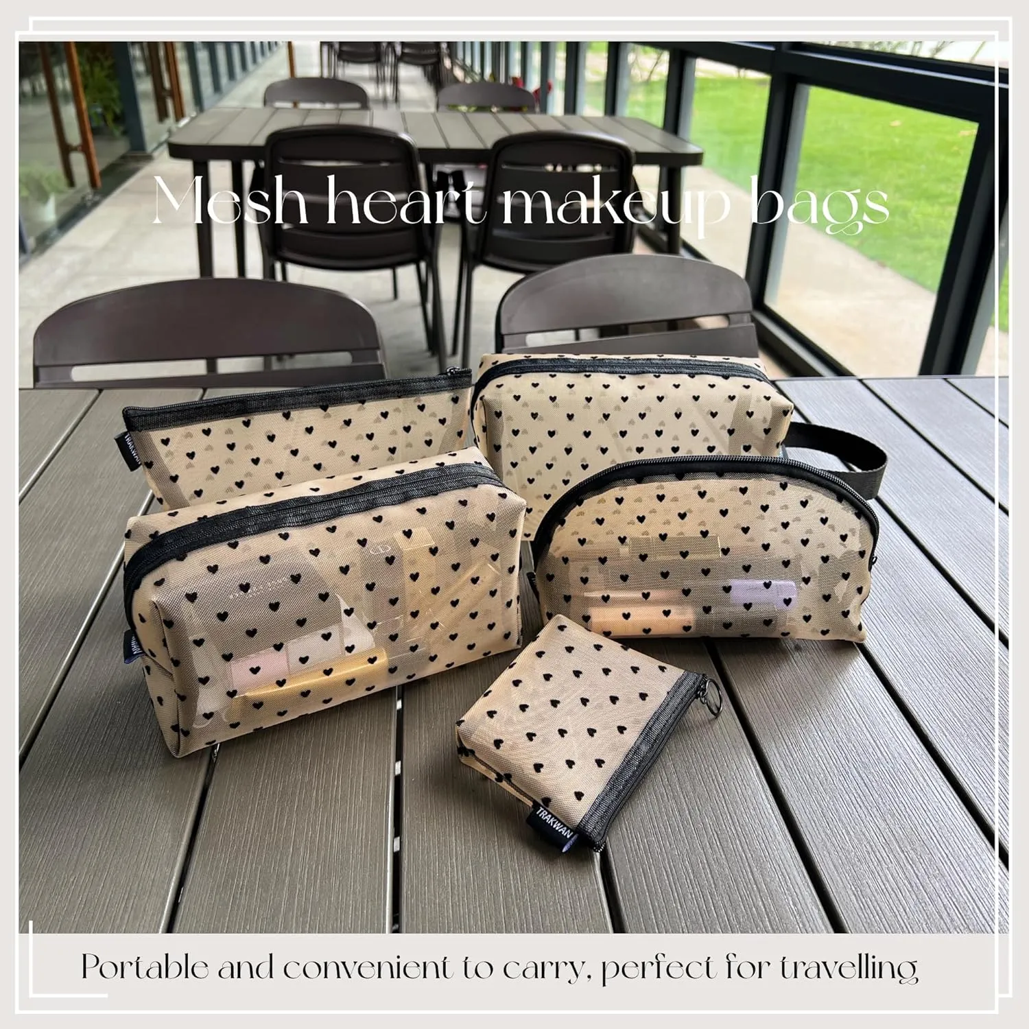 5 Pieces Mesh Heart Makeup Bags Sets, Zipper Mesh Cosmetic Bag Toiletry Bag, Travel Makeup Bags for Women, Small Items Storage Organizer Bags for Home Office Travel (Beige)
