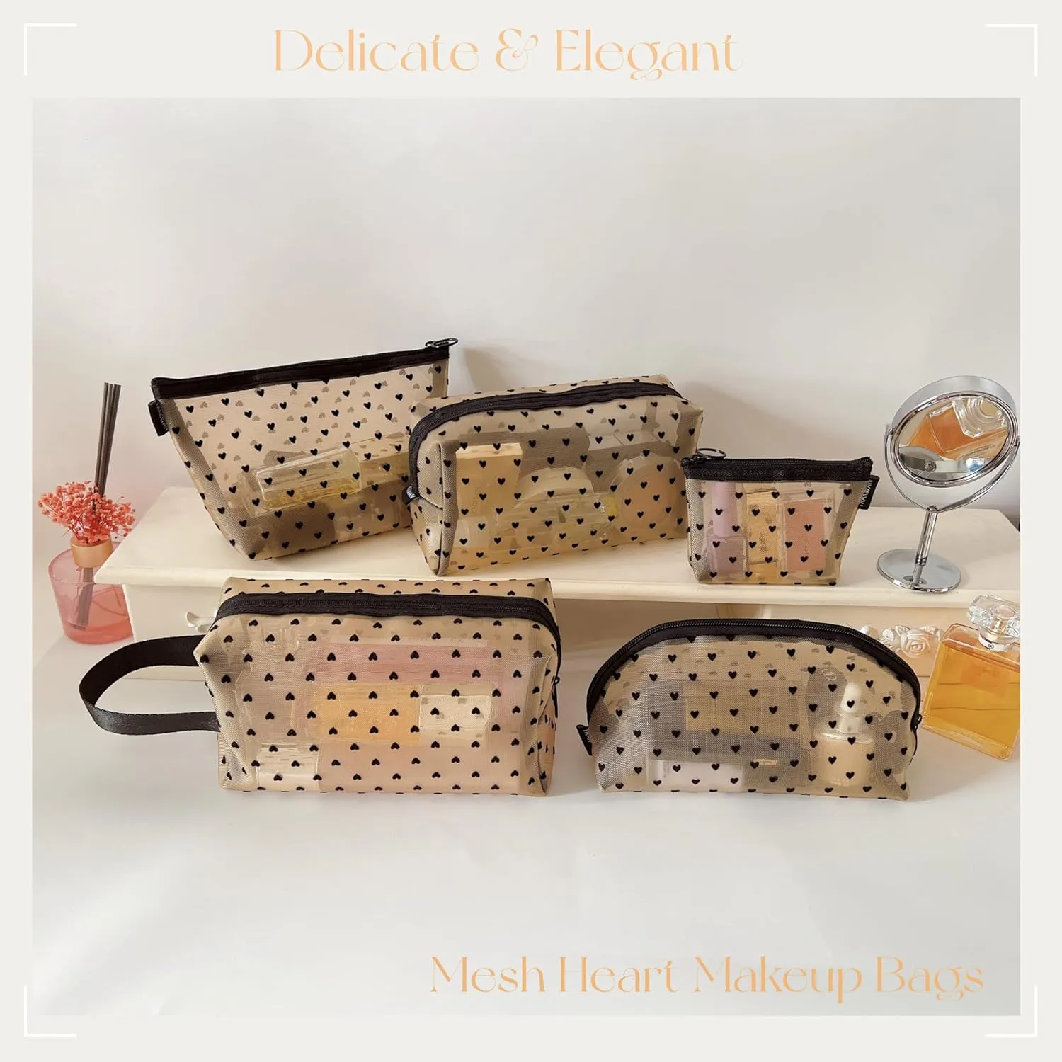 5 Pieces Mesh Heart Makeup Bags Sets, Zipper Mesh Cosmetic Bag Toiletry Bag, Travel Makeup Bags for Women, Small Items Storage Organizer Bags for Home Office Travel (Beige)