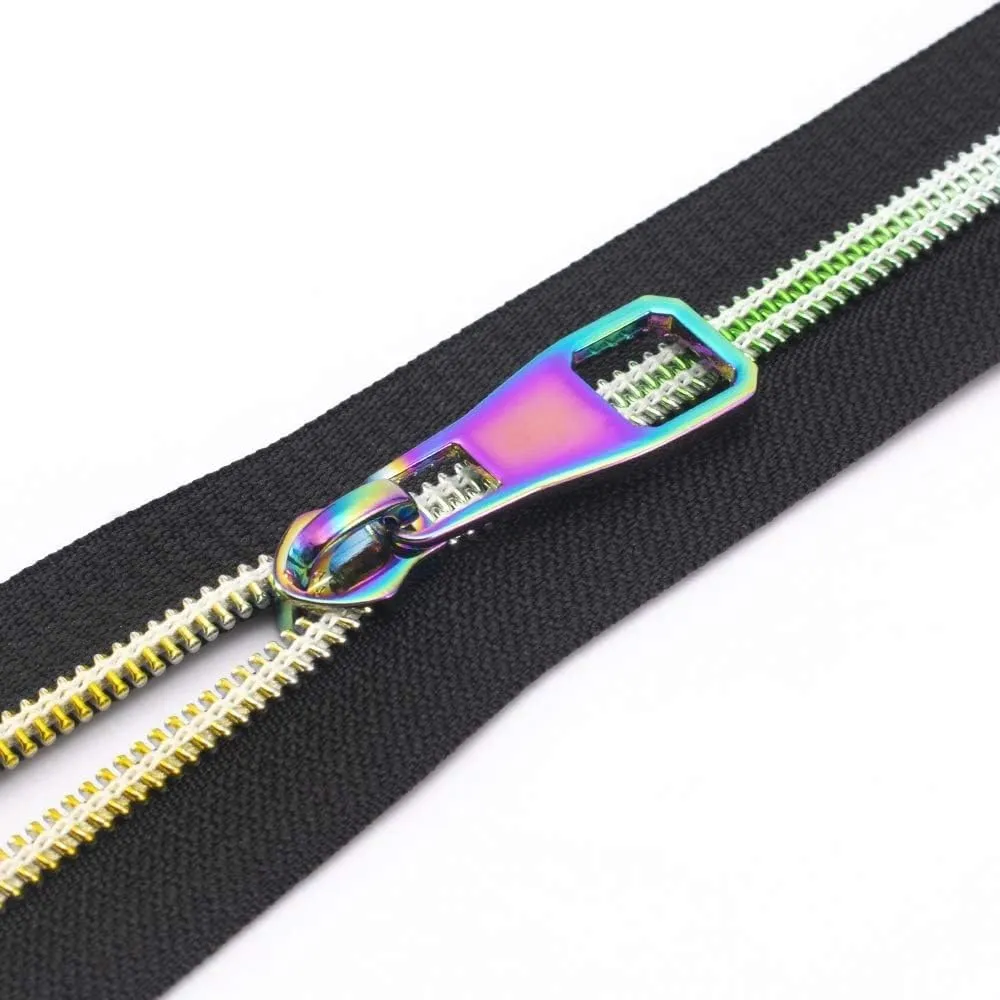 #5 Zippers,Rainbow Teeth Nylon Zipper by The Yard Black Zipper Tape with 10PCS Pulls for Tailor Sewing Crafts 5 Yards(Black Tape)