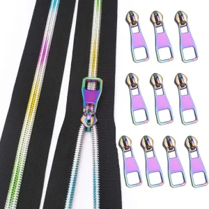 #5 Zippers,Rainbow Teeth Nylon Zipper by The Yard Black Zipper Tape with 10PCS Pulls for Tailor Sewing Crafts 5 Yards(Black Tape)