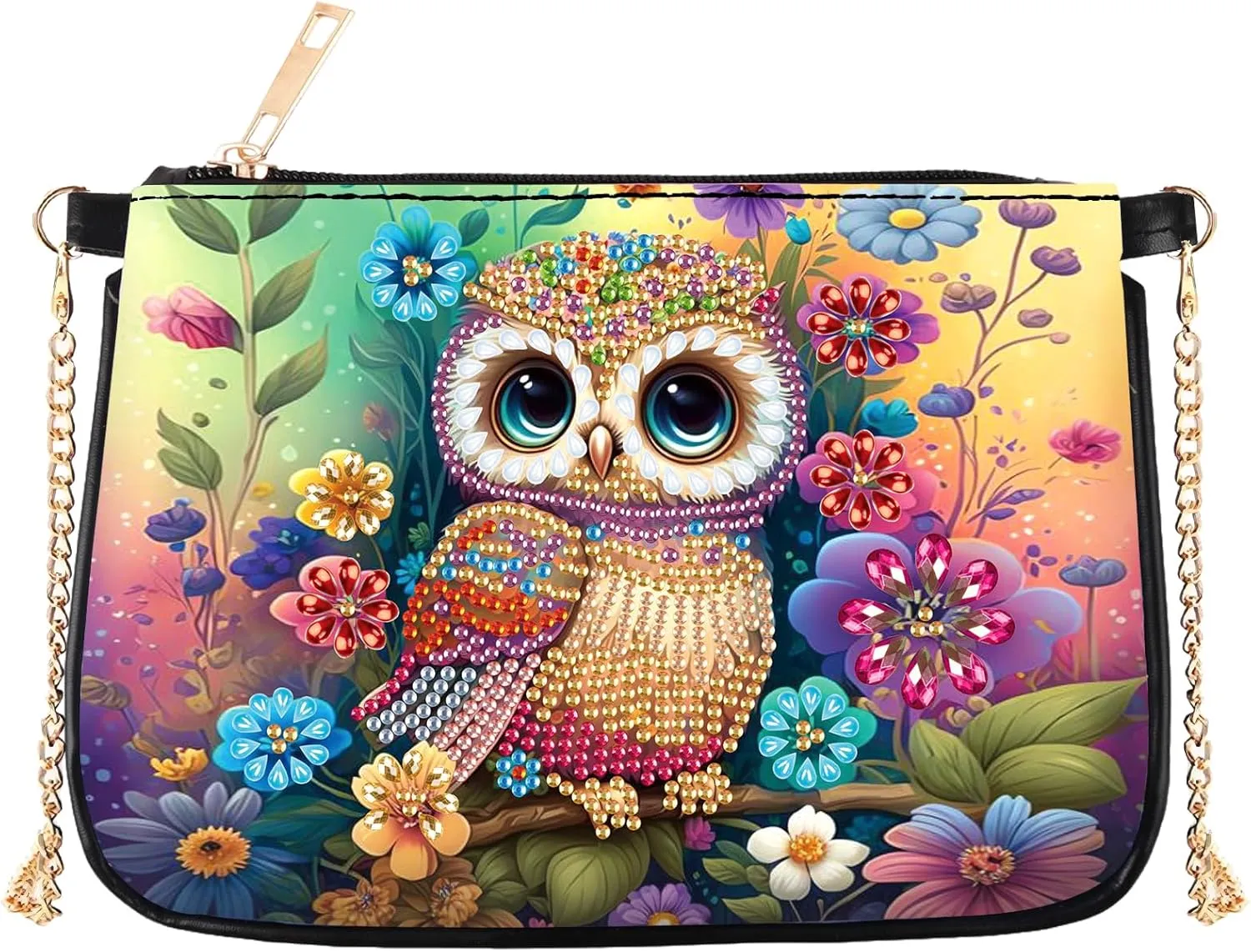 5D DIY Diamond Art Purses Diamond Art Kits for Adults, Flower Owl Shoulder Makeup Bag Chain Leather Clutch Purse, Holiday Birthday ﻿