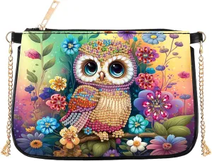 5D DIY Diamond Art Purses Diamond Art Kits for Adults, Flower Owl Shoulder Makeup Bag Chain Leather Clutch Purse, Holiday Birthday ﻿