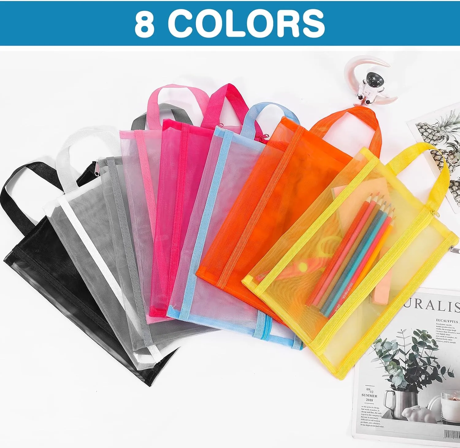 6 Pack Mesh Zipper Pouch Bags, Double Layer Nylon Pouch with Handle for Office Travel Organization (Grey, A4)
