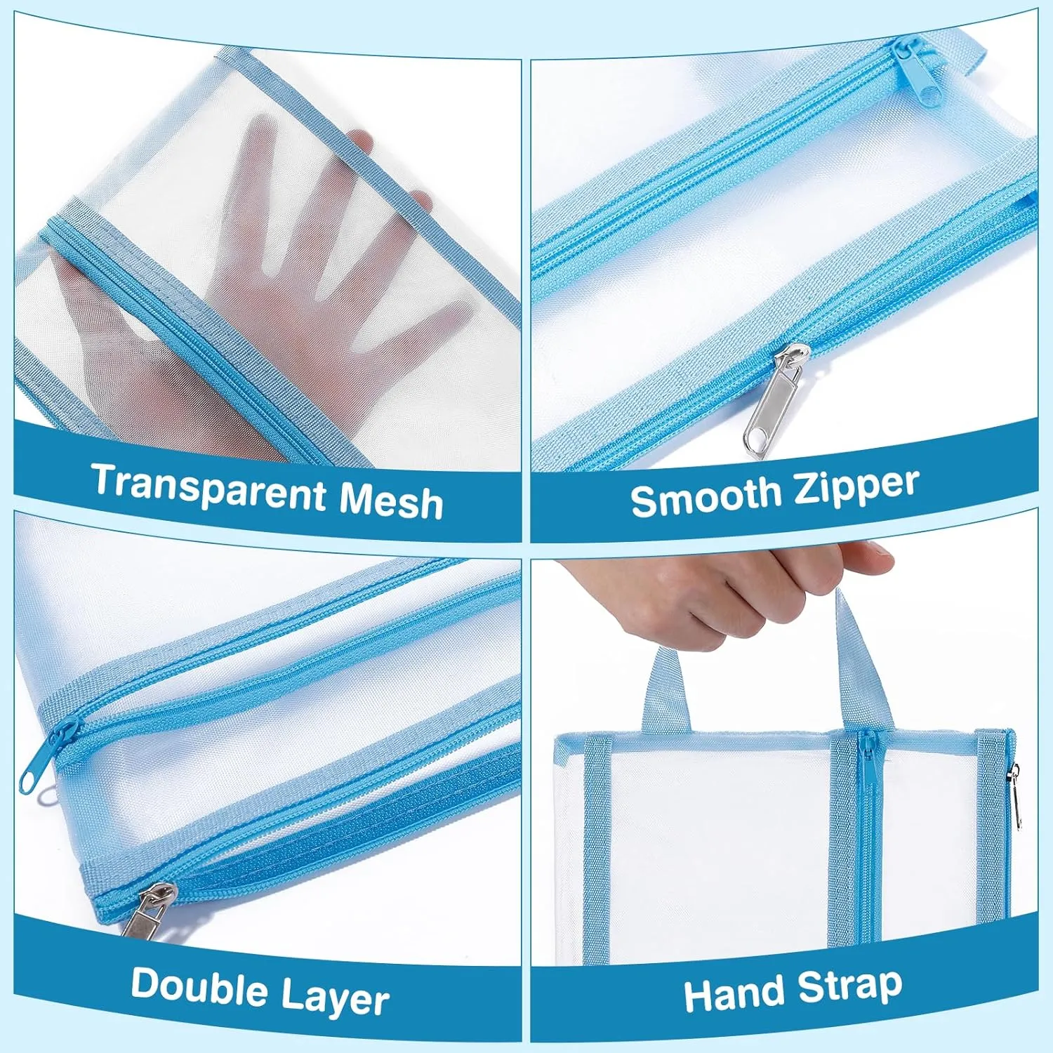 6 Pack Mesh Zipper Pouch Bags, Double Layer Nylon Pouch with Handle for Office Travel Organization (Grey, A4)