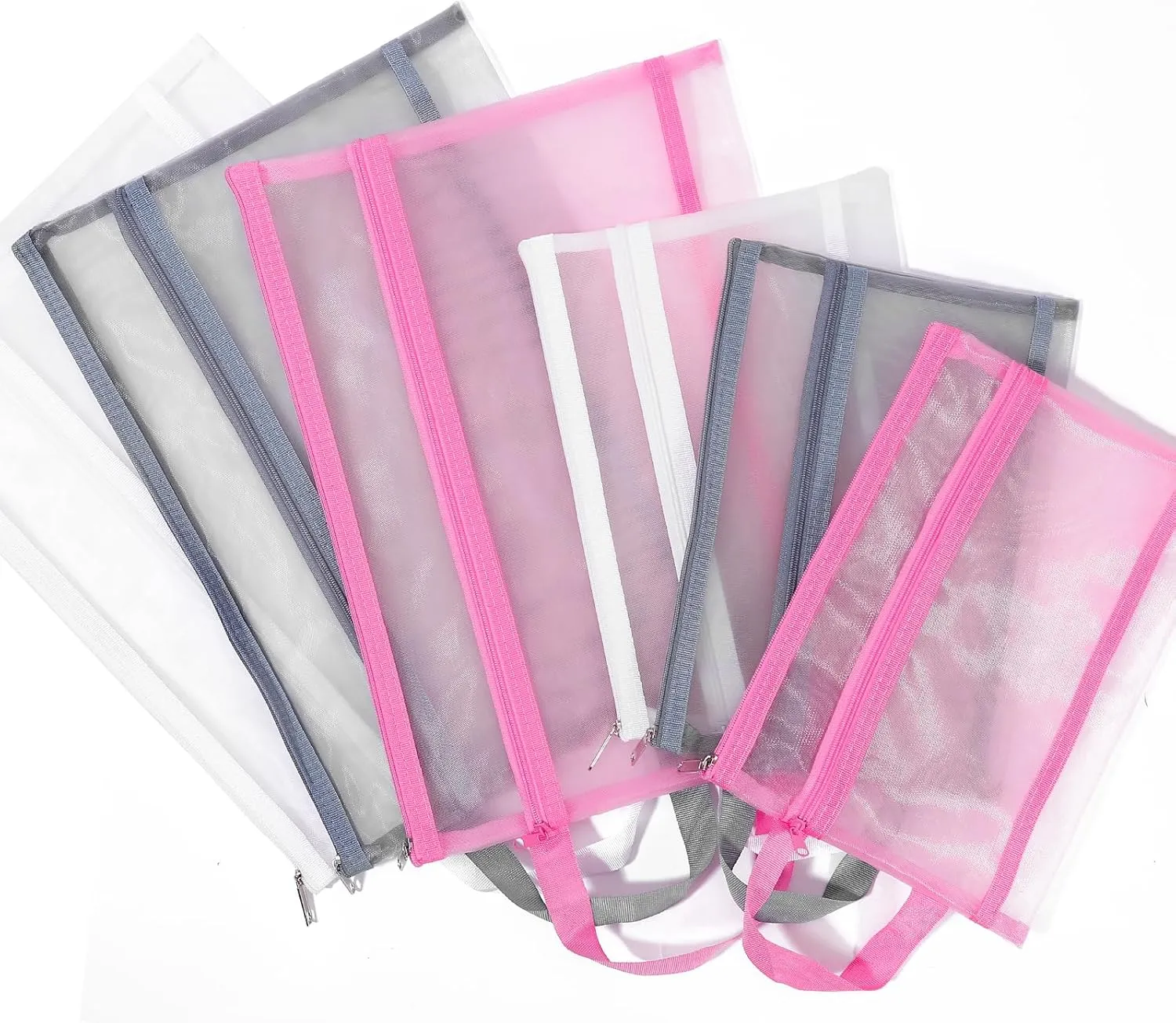 6 Pack Mesh Zipper Pouch Bags, Double Layer Nylon Pouch with Handle for Office Travel Organization (Grey, A4)