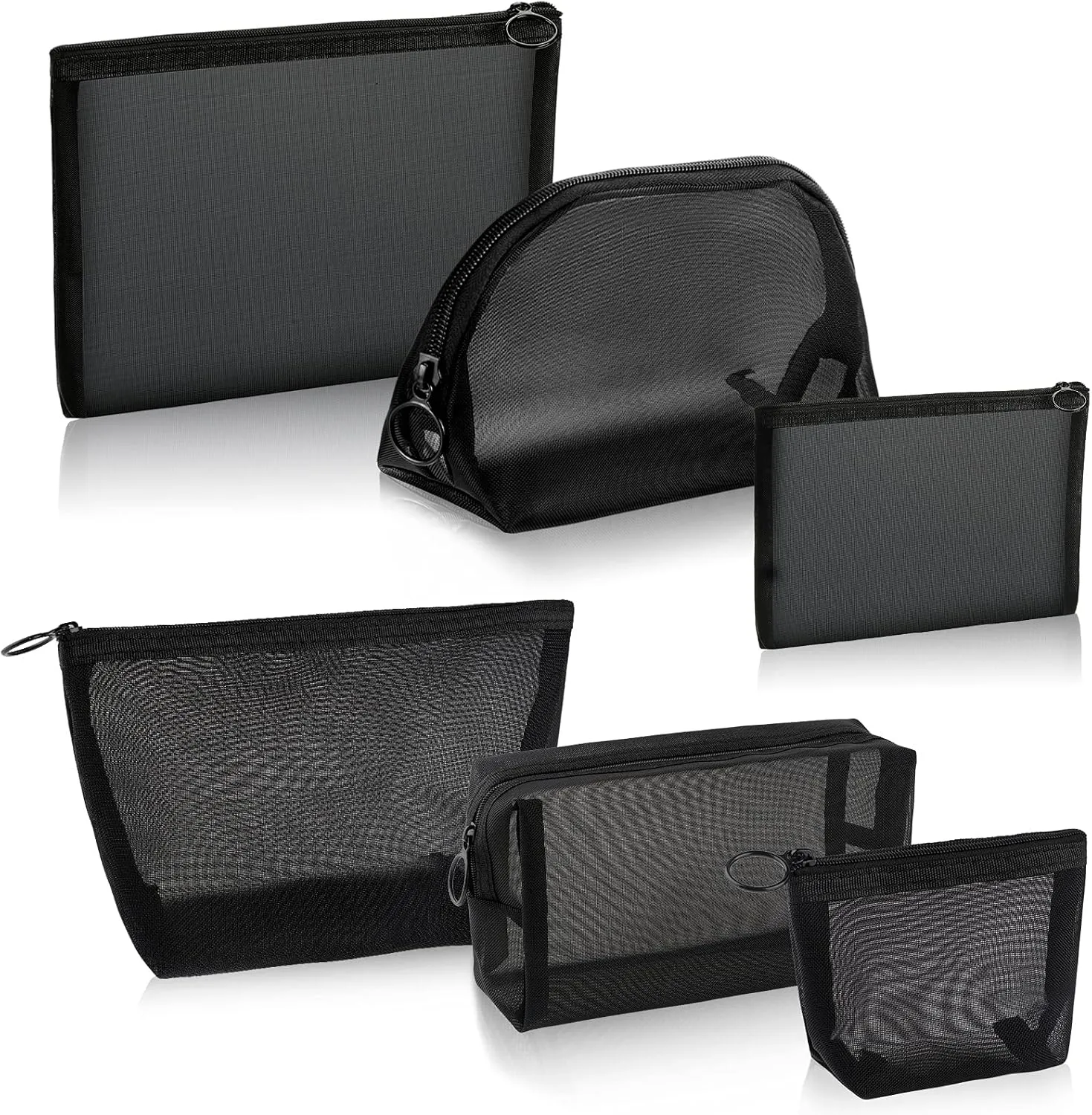 6-Piece Black Mesh Bags - Zipper Pouch Toiletry Bags for Travel & Home Offices