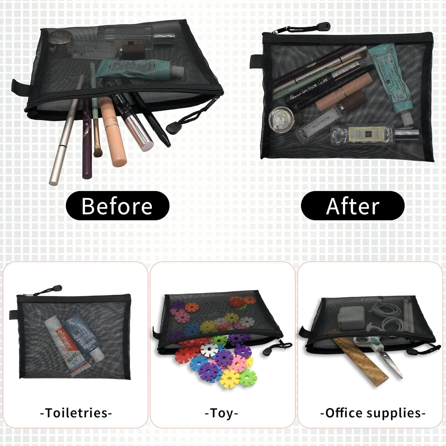 6 Pieces Nylon Mesh Bags with Zipper Mesh Makeup Pouch Travel Toiletry Organizer Purse Diaper Bag Organizing Pouch Cosmetic Bikini Storage(Black, 9.5 x 6.8 Inches)