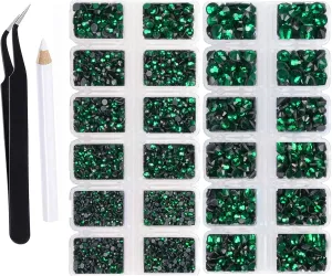 8000 Pieces 5 Sizes Hotfix Iron Flatback Glasses Rhinestones Crystal for DIY Project with Tweezers and Picking Pen for Bags, Shoes, Clothes and Manicure(Emerald, 5Size)