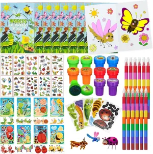 85 Pcs Insects Bugs Party Favors，Butterfly Bee Ladybug Spring Party Supplies with Coloring Books Crayons Tattoos Puzzles Stickers Stampers Gift Bag Fillers for School Birthday Classroom Rewards