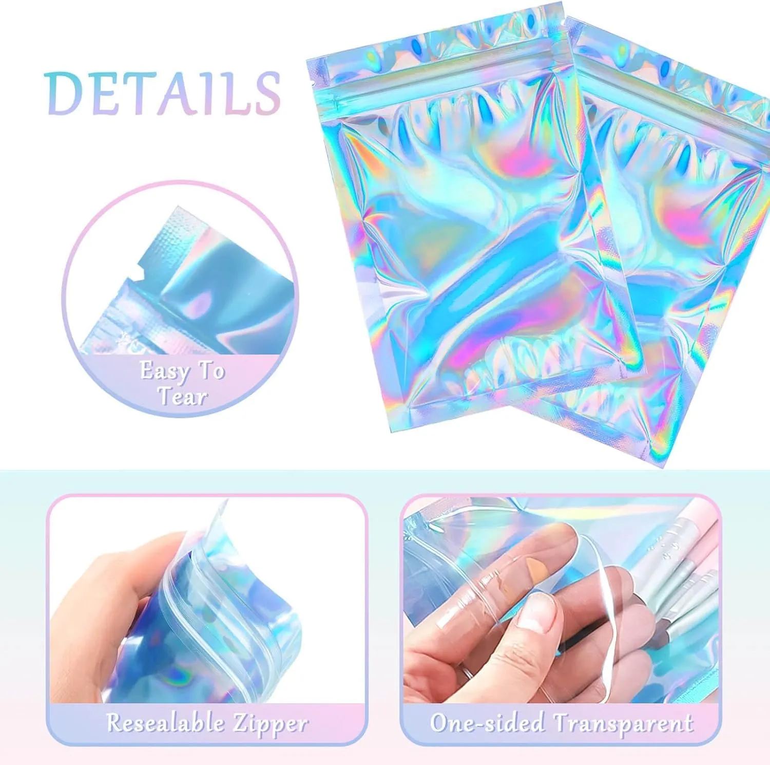 9x11 inch 100 Pcs Smell Proof Bags Resealable Holographic Bag Cute Lip Gloss Bags Packaging Products Food Safe Storage Bags