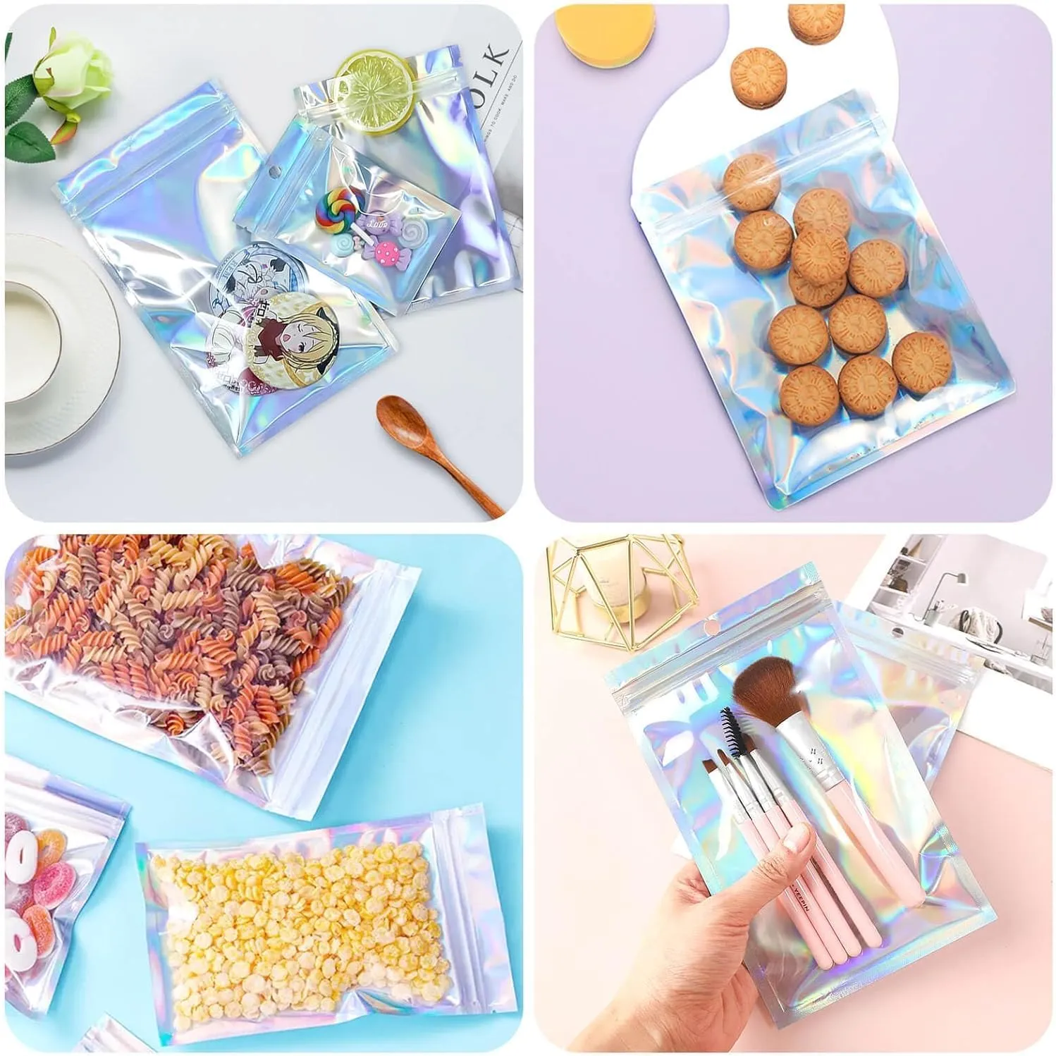9x11 inch 100 Pcs Smell Proof Bags Resealable Holographic Bag Cute Lip Gloss Bags Packaging Products Food Safe Storage Bags