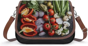A Table of Vegetables Shoulder Bags PU Leather Shoulder Handbag Large Capacity Crossbody Bag for Women